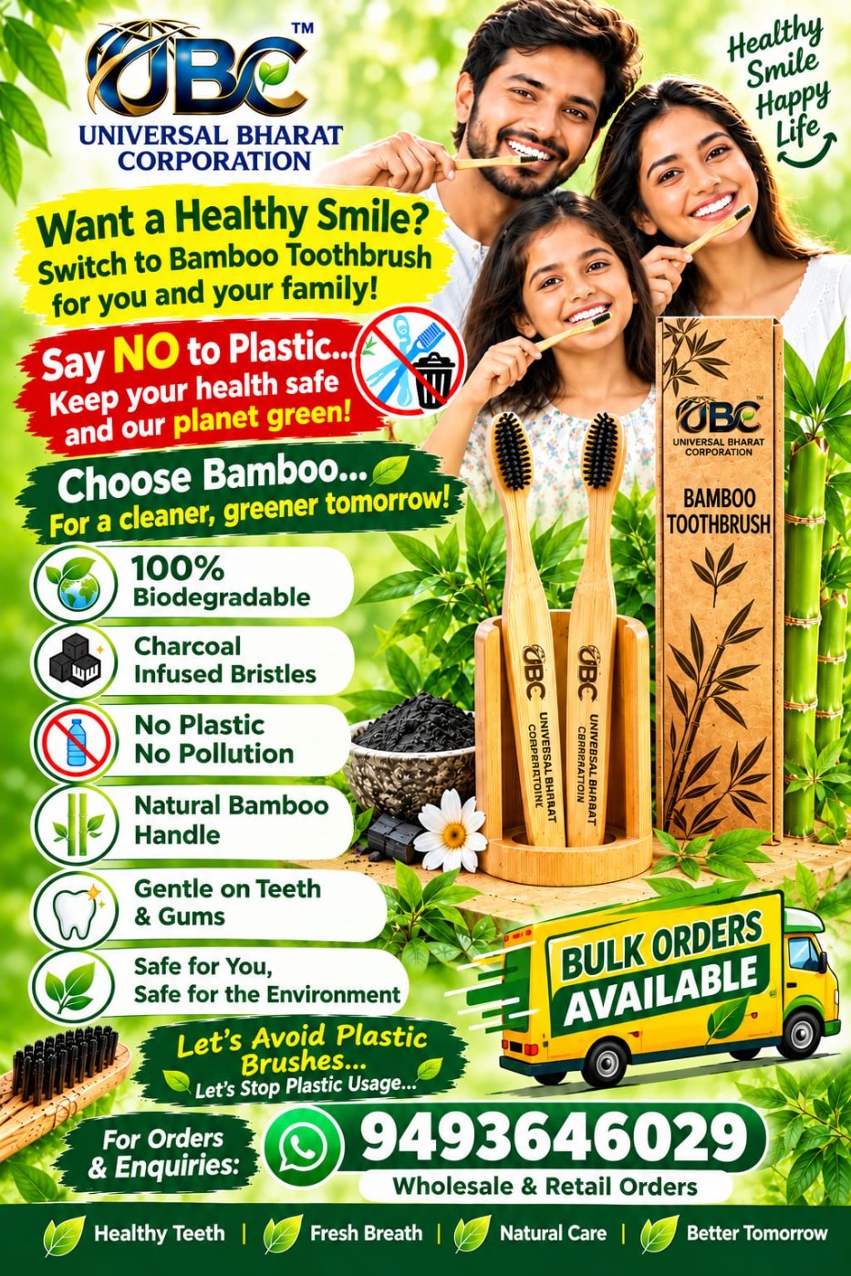 UBC Natural Bamboo Toothbrush – Eco-Friendly Charcoal Bristles for Healthy Teeth & Gums
