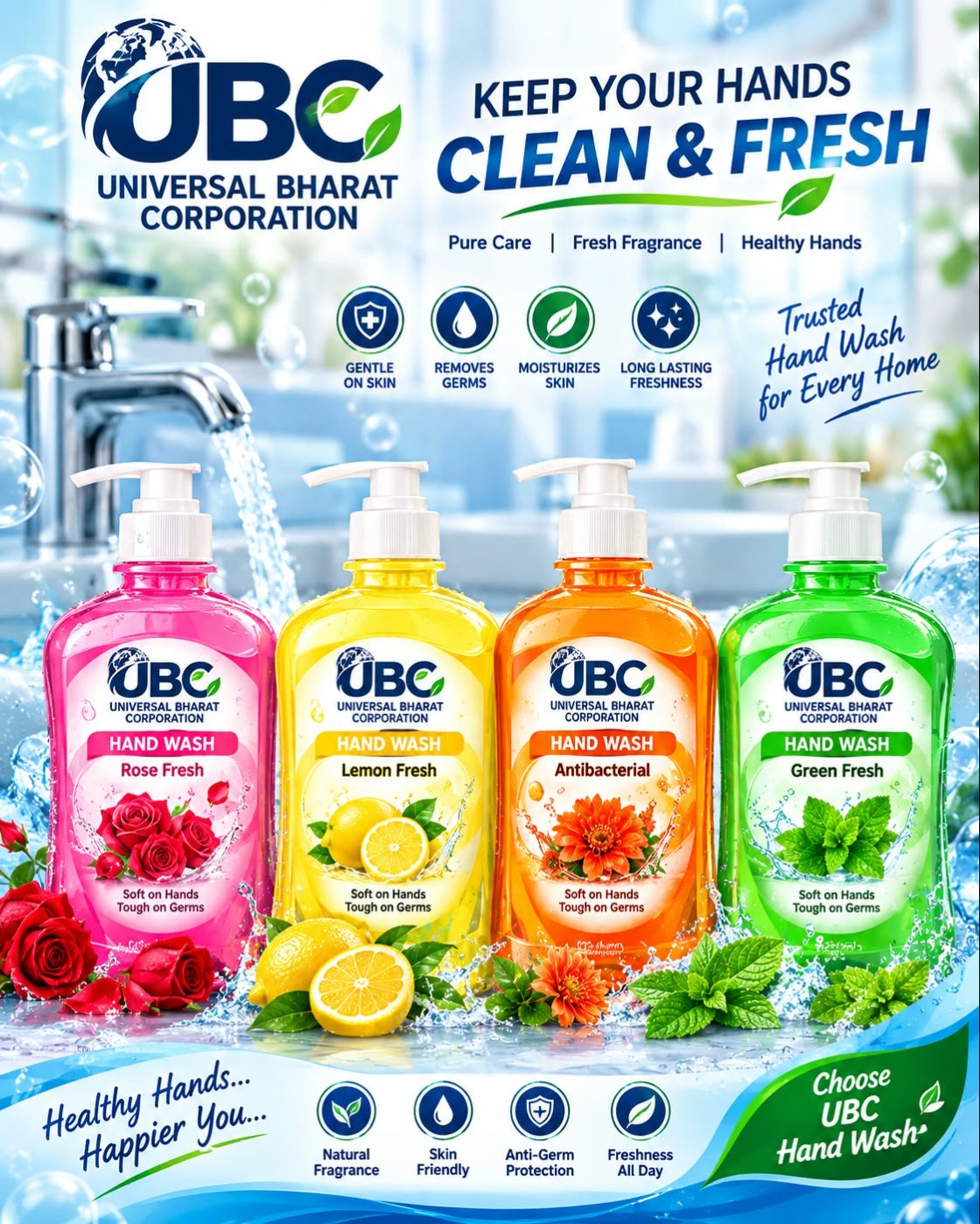 UBC Premium Hand Wash – Rose, Lemon, Antibacterial & Green Fresh