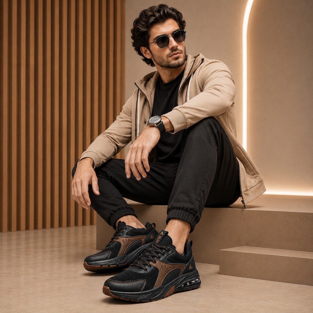 Men’s Black & Brown Air Cushion Running Shoes thumbnail 3